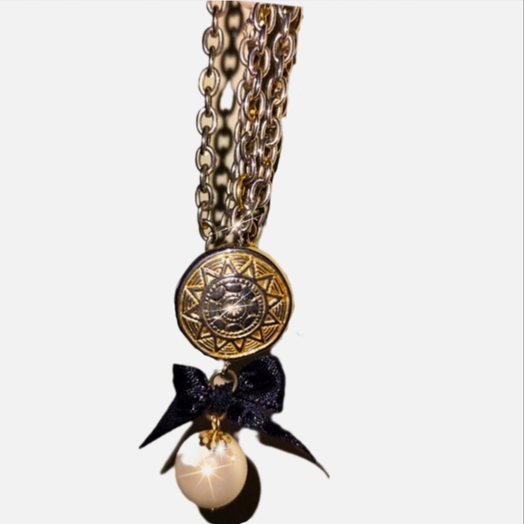 Upcycled Pearls & Black Satin Bow Long Chain Necklace - Picture 3 of 12